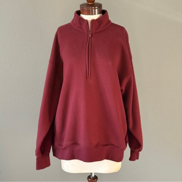 Aritzia Red cozy sweat fleece Boyfriend 1/2 Zip mock neck Sweatshirt Sz XL Fall - Picture 2 of 9
